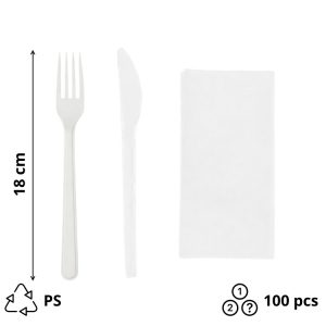 Komplet 3 plastični (viljuška, nož, salveta) bela [100 kom/pak]