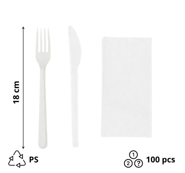 Komplet 3 plastični (viljuška, nož, salveta) u posebnom pakovanju bela [100 kom/pak]