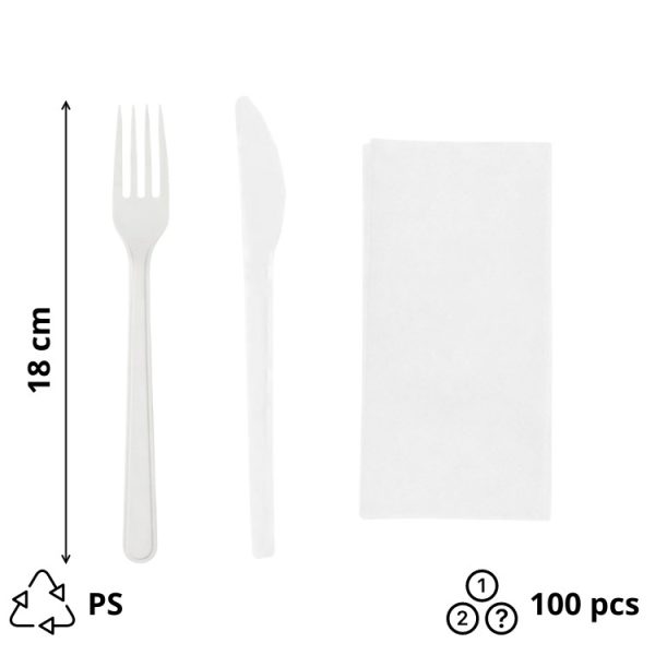 Komplet 3 plastični (viljuška, nož, salveta) u posebnom pakovanju bela [100 kom/pak]