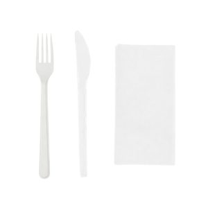 Komplet 3 plastični (viljuška, nož, salveta) bela [100 kom/pak]