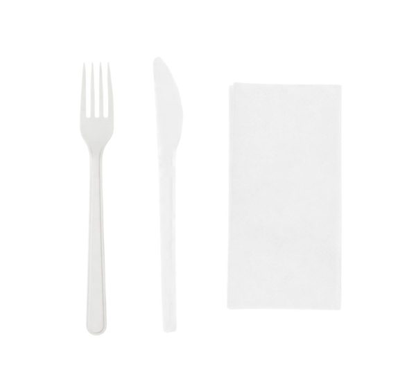 Komplet 3 plastični (viljuška, nož, salveta) u posebnom pakovanju bela [100 kom/pak]
