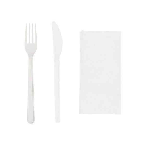 Komplet 3 plastični (viljuška, nož, salveta) u posebnom pakovanju bela [100 kom/pak]