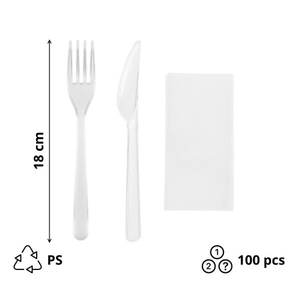 Komplet 3 plastični (viljuška, nož, salveta) u posebnom pakovanju transparentan [100 kom/pak]