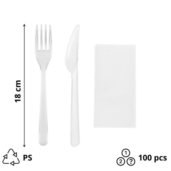 Komplet 3 plastični (viljuška, nož, salveta) u posebnom pakovanju transparentan [100 kom/pak]
