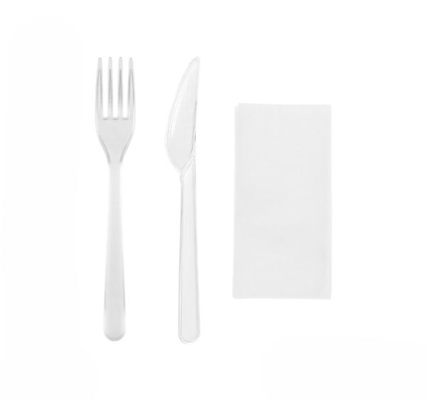 Komplet 3 plastični (viljuška, nož, salveta) u posebnom pakovanju transparentan [100 kom/pak]