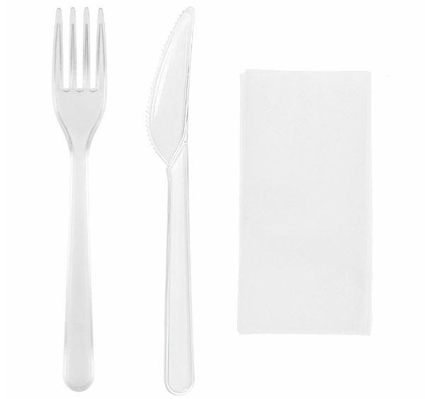 Komplet 3 plastični (viljuška, nož, salveta) transparentan