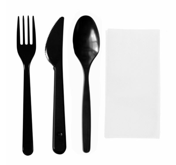 Komplet 4 plastični (viljuška, nož, kašika, salveta) crna