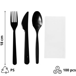 Komplet 4 plastični (viljuška, nož, kašika, salveta) crna [100 kom/pak]