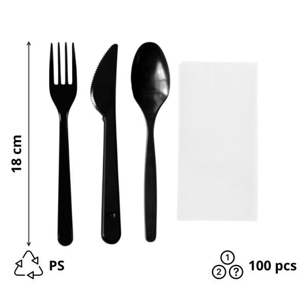 Komplet 4 plastični (viljuška, nož, kašika, salveta) u posebnom pakovanju crna [100 kom/pak]