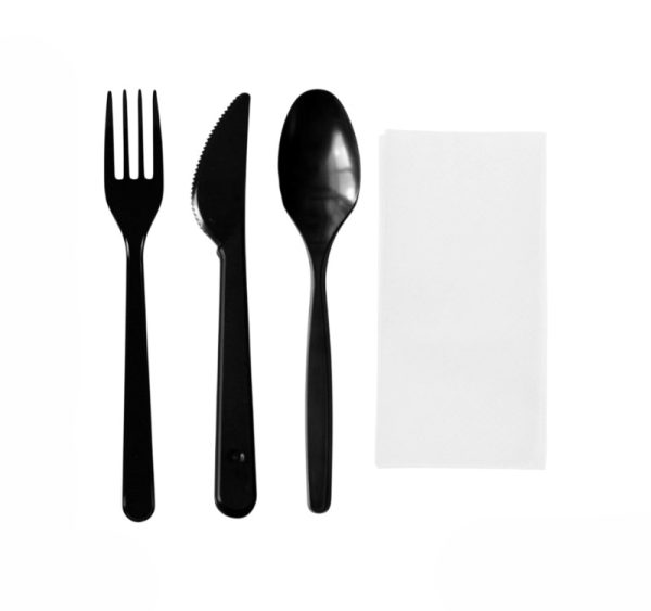 Komplet 4 plastični (viljuška, nož, kašika, salveta) u posebnom pakovanju crna [100 kom/pak]