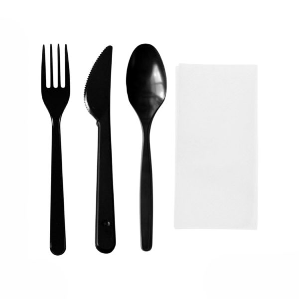 Komplet 4 plastični (viljuška, nož, kašika, salveta) u posebnom pakovanju crna [100 kom/pak]