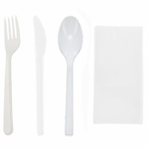 Komplet 4 plastični  (viljuška, nož, kašika, salveta) bela