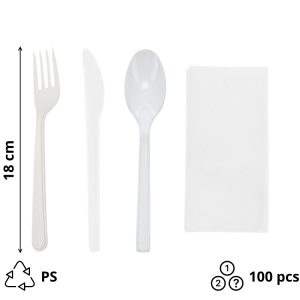 Komplet 4 plastični  (viljuška, nož, kašika, salveta) bela [100 kom/pak]