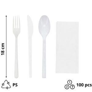 Komplet 4 plastični  (viljuška, nož, kašika, salveta) bela [100 kom/pak]