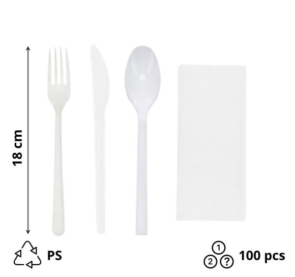 Komplet 4 plastični  (viljuška, nož, kašika, salveta) u posebnom pakovanju bela [100 kom/pak]