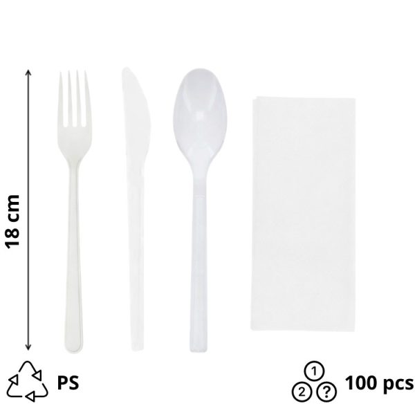 Komplet 4 plastični  (viljuška, nož, kašika, salveta) u posebnom pakovanju bela [100 kom/pak]