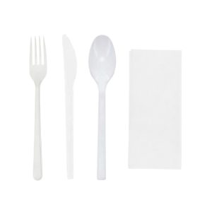 Komplet 4 plastični  (viljuška, nož, kašika, salveta) bela [100 kom/pak]