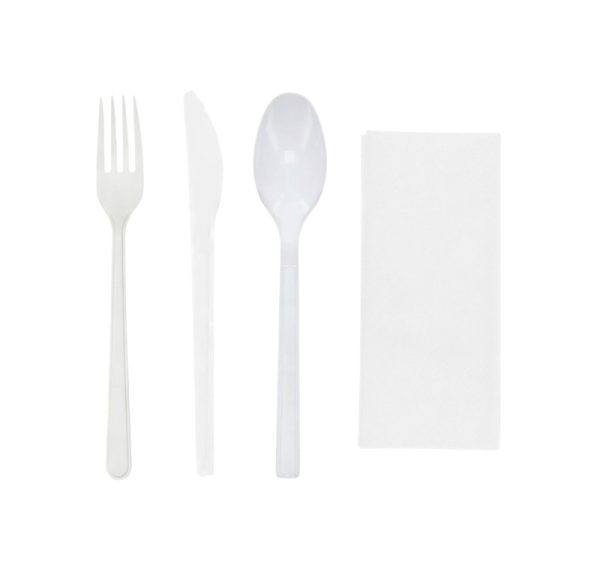 Komplet 4 plastični  (viljuška, nož, kašika, salveta) u posebnom pakovanju bela [100 kom/pak]