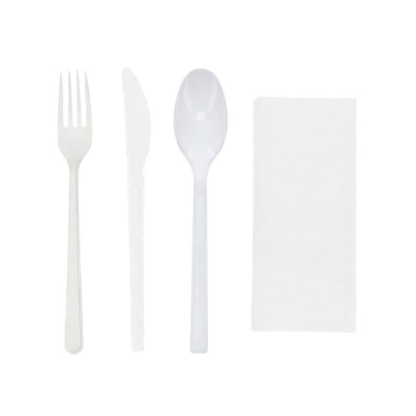 Komplet 4 plastični  (viljuška, nož, kašika, salveta) u posebnom pakovanju bela [100 kom/pak]