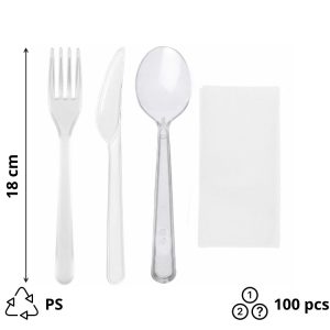 Komplet 4 plastični (viljuška, nož, kašika, salveta) transparentan [100 kom/pak]