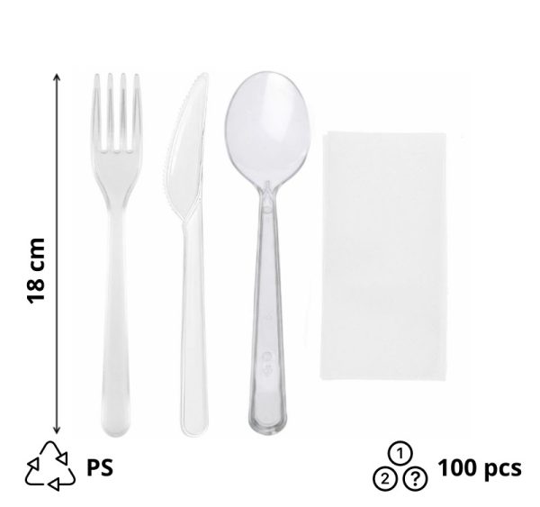 Komplet 4 plastični (viljuška, nož, kašika, salveta) u posebnom pakovanju transparentan [100 kom/pak]