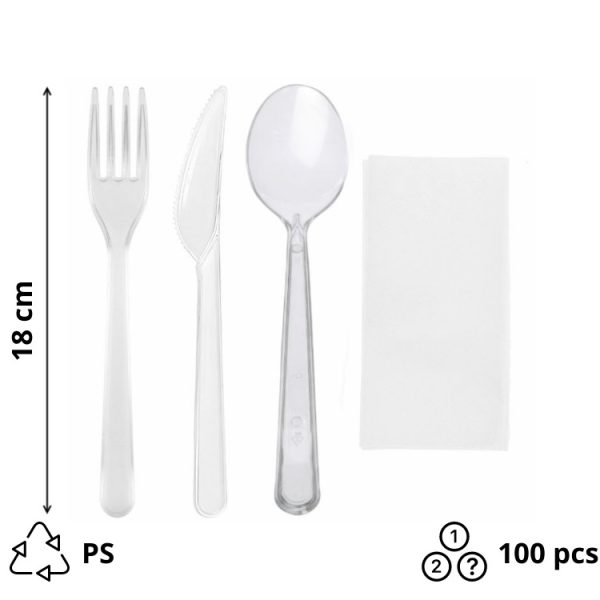 Komplet 4 plastični (viljuška, nož, kašika, salveta) u posebnom pakovanju transparentan [100 kom/pak]