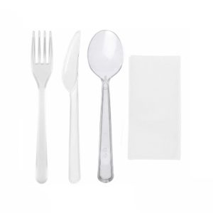Komplet 4 plastični (viljuška, nož, kašika, salveta) transparentan [100 kom/pak]