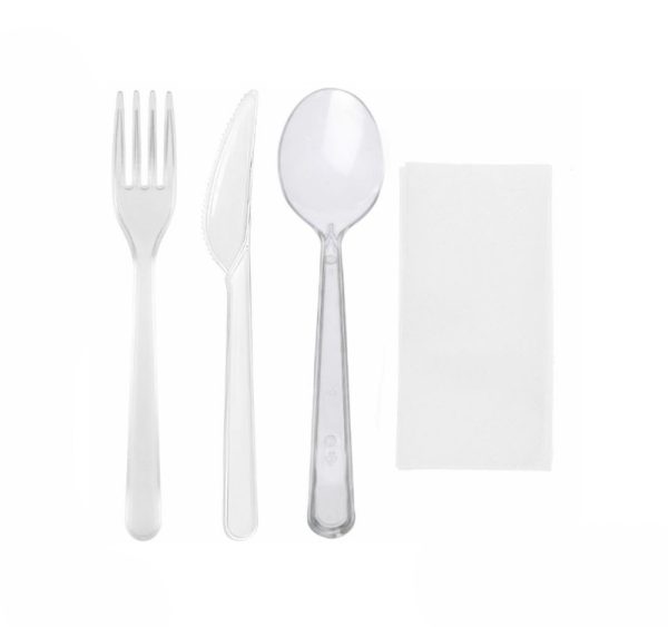 Komplet 4 plastični (viljuška, nož, kašika, salveta) u posebnom pakovanju transparentan [100 kom/pak]