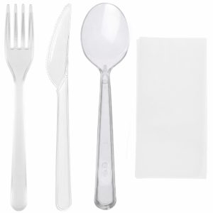 Komplet 4 plastični (viljuška, nož, kašika, salveta) transparentan