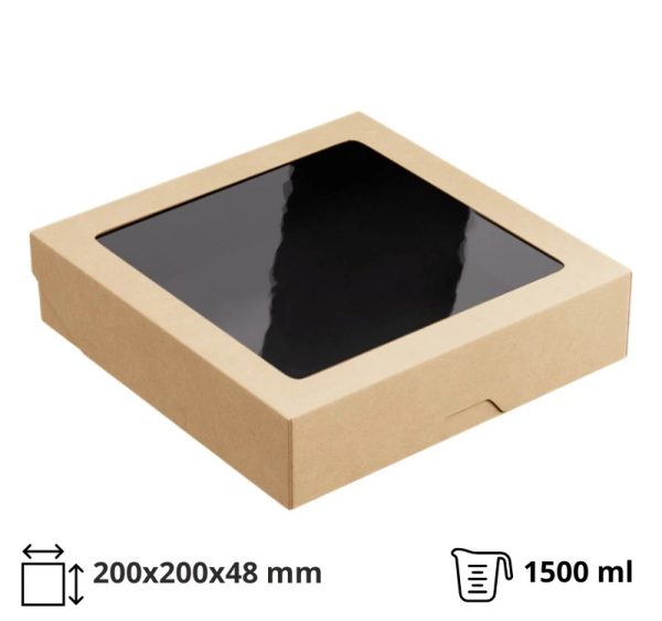 Papirnata posuda s prozorom OneBox 1500 ml  200x200x48 mm kraft/crna 25 kom