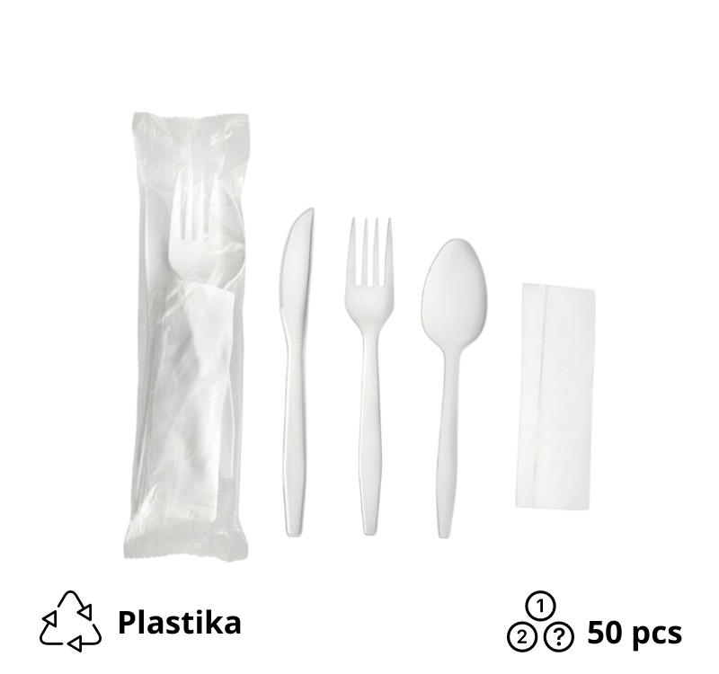 Komplet 4: viljuška, nož, kašika, salveta [50 kom/pak]