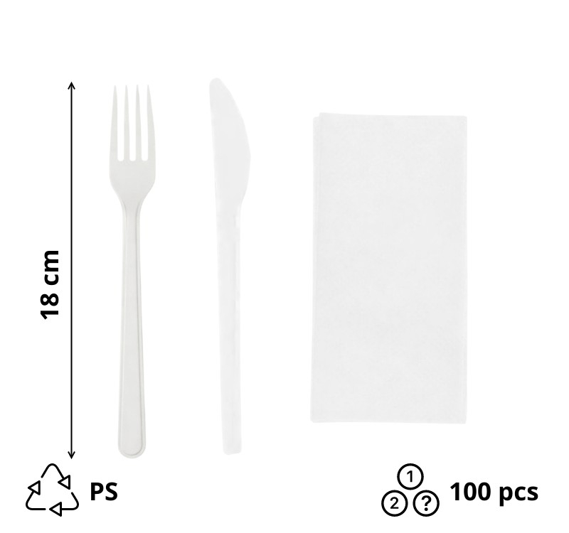Komplet 3 plastični (viljuška, nož, salveta) u posebnom pakovanju bela [100 kom/pak]