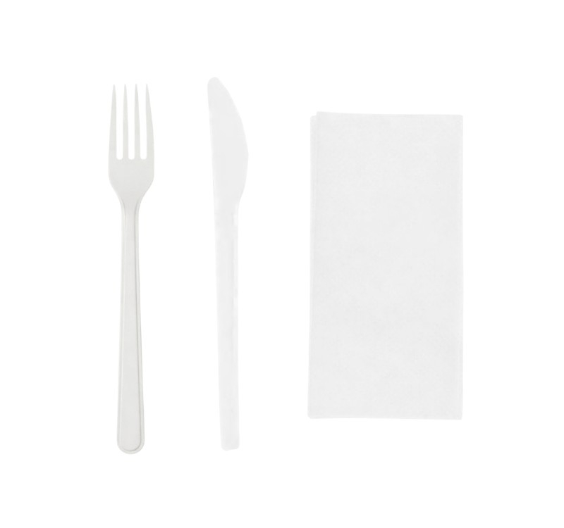Komplet 3 plastični (viljuška, nož, salveta) u posebnom pakovanju bela [100 kom/pak]