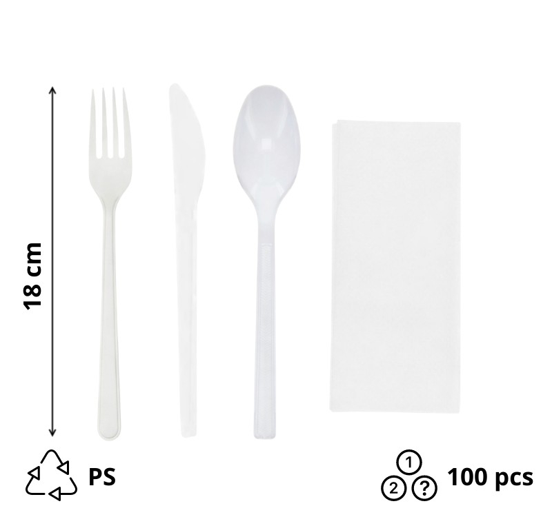 Komplet 4 plastični  (viljuška, nož, kašika, salveta) u posebnom pakovanju bela [100 kom/pak]