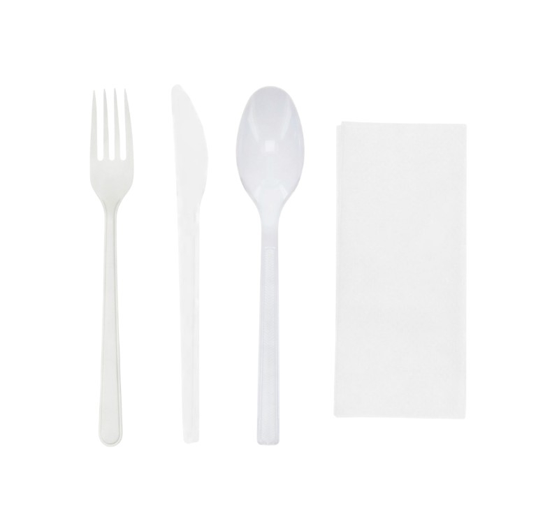 Komplet 4 plastični  (viljuška, nož, kašika, salveta) u posebnom pakovanju bela [100 kom/pak]