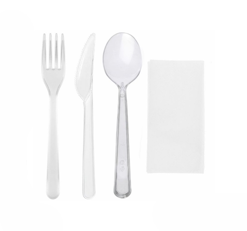 Komplet 4 plastični (viljuška, nož, kašika, salveta) u posebnom pakovanju transparentan [100 kom/pak]