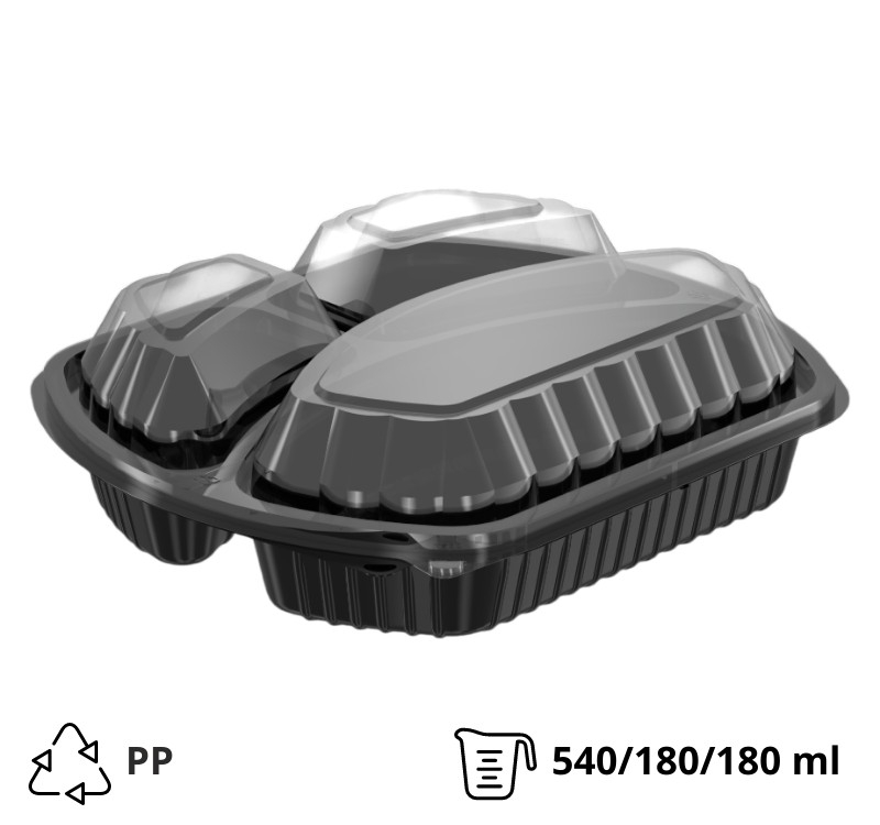 PP posuda sa poklopcem 240х204×68 mm 540/180/180 ml trodelna crna [100 kom/pak]