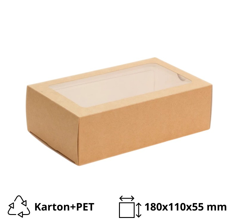 Posuda papirna ECO MB 12 sa prozorom - za deserte "Makaron" 180x110x55 mm, kraft [10 kom/pak]