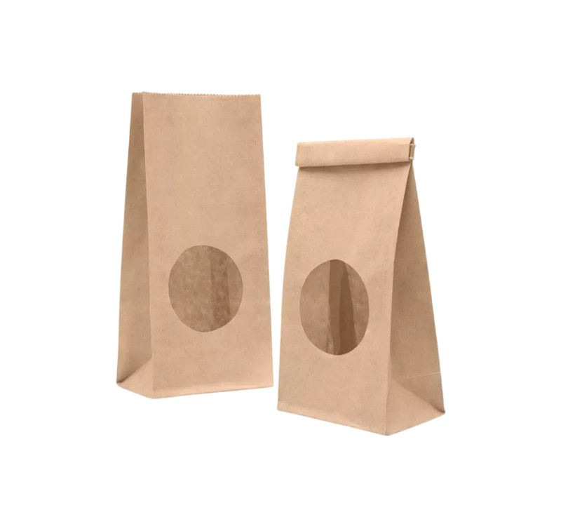 Papirna kesa pravougaono dno sa okruglim prozorom 200х100х60 mm kraft, prozori 7 cm [150 kom/pak]