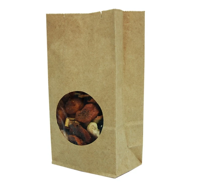 Papirna kesa pravougaono dno sa okruglim prozorom 200х100х60 mm kraft, prozori 7 cm [150 kom/pak]