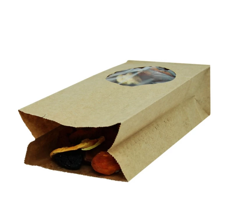 Papirna kesa pravougaono dno sa okruglim prozorom 200х100х60 mm kraft, prozori 7 cm [150 kom/pak]