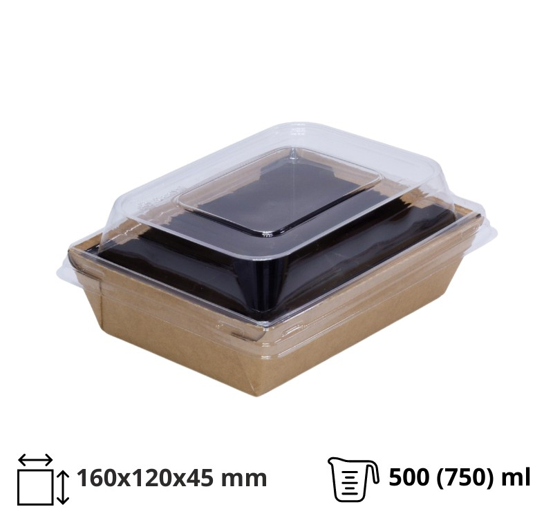Kartonska kutija sa kupolnim poklopcem Crystal Box 500 (750) ml 160x120x45 mm kraft/crna [60 kom/pak]