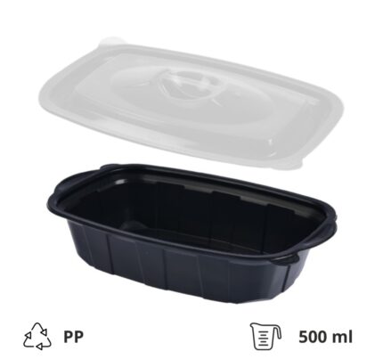 Posuda sa poklopcem PP za toplu hranu 220х138х42 mm 500 ml crna, 50 kom (komplet)