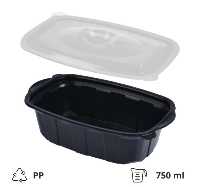 Posuda sa poklopcem PP za toplu hranu 220х138х58 mm 750 ml crna, 50 kom (komplet)