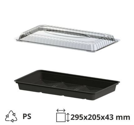 Posuda za suši sa poklopcem PS 295x205x43 mm crna, 200 kom (komplet)