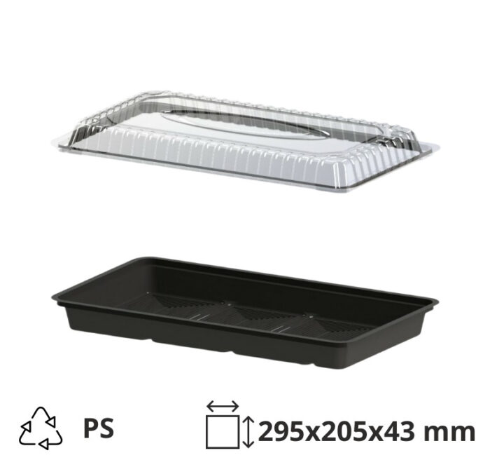 Posuda za suši sa poklopcem PS 295x205x43 mm crna, 200 kom (komplet)