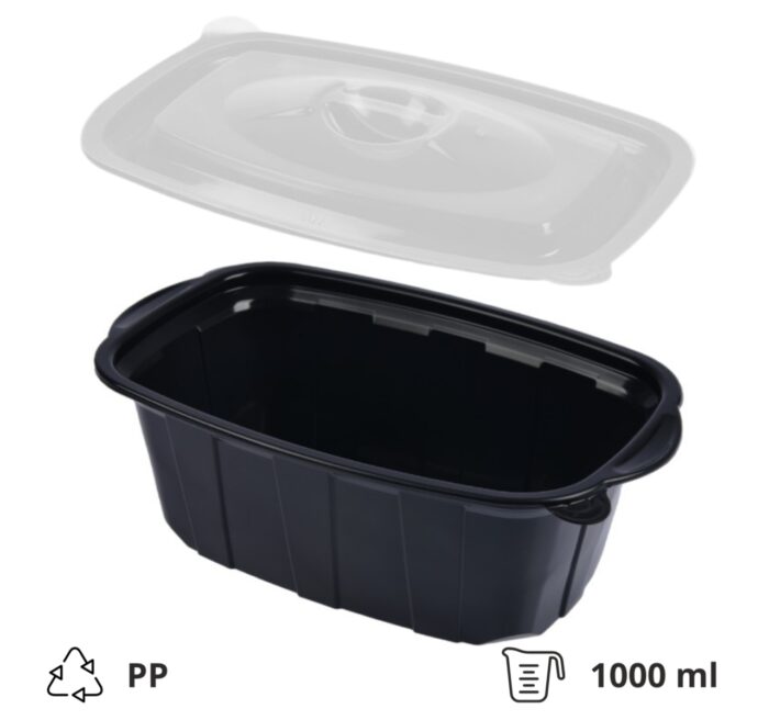Posuda sa poklopcem PP za toplu hranu 220х138х76 mm 1000 ml crna, 50 kom (komplet)