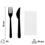 Komplet 3 plastični (viljuška, nož, salveta) u posebnom pakovanju сrna [50 kom/pak]