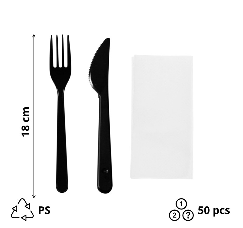 Komplet 3 plastični (viljuška, nož, salveta) u posebnom pakovanju сrna [50 kom/pak]